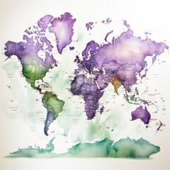 Watercolor Clipart Retro World Map in Pastel Green and Lilac Shade, on white background
