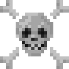 Skull with crossbones pixel illustration. 8 bit pirate symbol icon or caution sign. Vector.