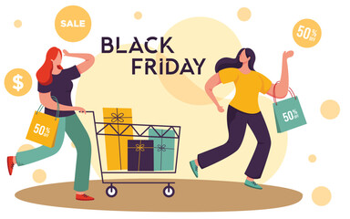 Black Friday sale illustration concept, 2 people and pushing shopping cart.