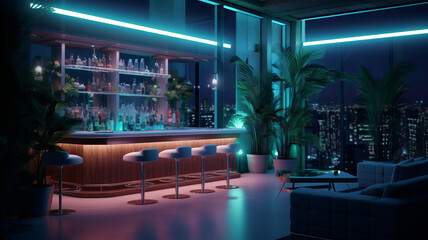 design of an indoor bar into a design house, ultra realistic, beautiful led light.generative ai