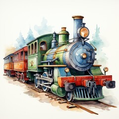 Fototapeta premium Watercolor Clipart Toy Train Carriages with Striped Design, on white background