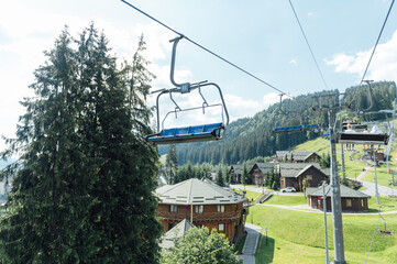 View from the lift to the Carpathian mountains. Tourists move looking at the landscapes
