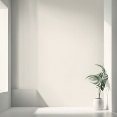 Isolated white wall with a small plant in the corner and light from a window. Ai generated.