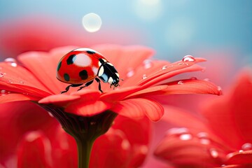 ladybug on red flower petals with bokeh background, A ladybug sitting on a red flower on blurred background, AI Generated - obrazy, fototapety, plakaty