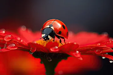 Fotobehang ladybug on red flower petal with water drops close up, A ladybug sitting on a red flower on blurred background, AI Generated © Ifti Digital