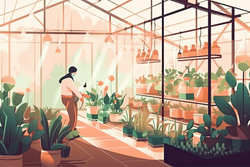 Woman gardener watering plants in greenhouse. Development, selection and grow organic vegetables and plant. Small business. Woman using innovative smart tech for greenhouse plant management