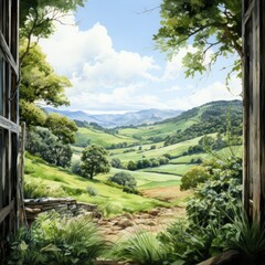 Fototapeta na wymiar Hand Painted Watercolor Clipart Sunny Window View with Rolling Hills