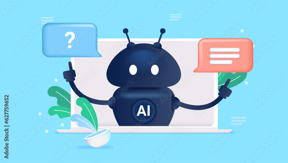 Poster ai chat concept - artificial intelligence robot receiving question and providing answer on laptop co