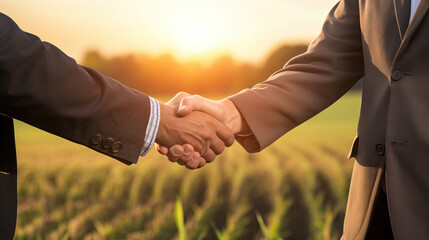 Men shaking hand on field, agricultural deal