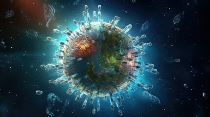 earth globe invaded by viruses that come from outer space, view from space