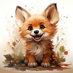 Fototapeta na wymiar Hand Painted Watercolor Clipart Smiling Baby Fox