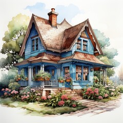 Fototapeta na wymiar Hand Painted Watercolor Clipart Colorful Cottage