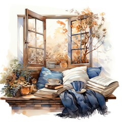 Hand Painted Watercolor Clipart Cozy Window Seat with Books