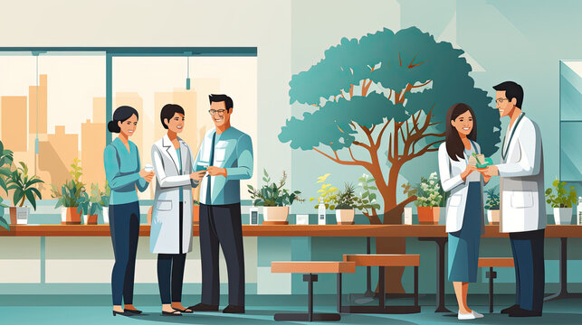 Medical concept with doctor and patients in flat cartoon at hospital hall. illustration