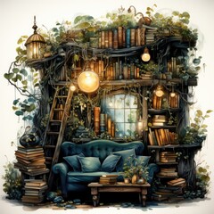 Fototapeta premium Enchanting Book Nook with Bookcase and Magical Fireflies