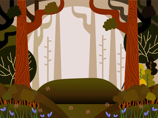 background with a cartoon forest, flat design 