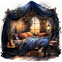 Obraz na płótnie Canvas Nighttime Book Nook with Fairy Lights and Snuggly Blanket