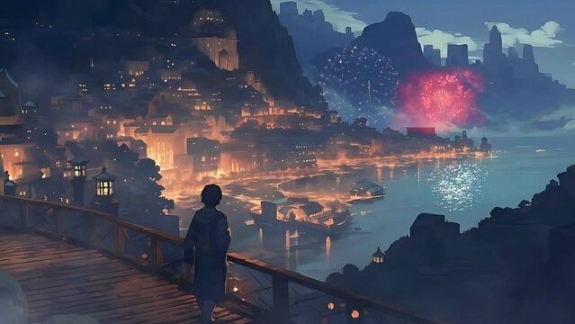 Fantasy lovely anime cityscape. Mountain Village with sparkling lake and shooting stars. People see firework from the mountain. Seamless loop 4k animation