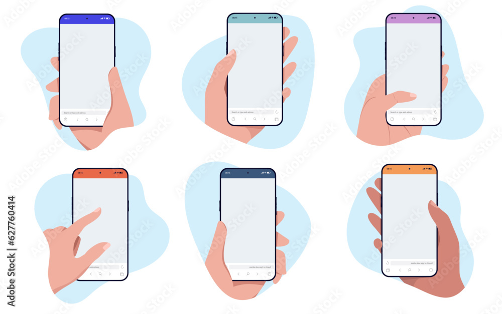 Poster mobile phone mockup vector collection - illustration bundle with hands holding smartphones in flat d