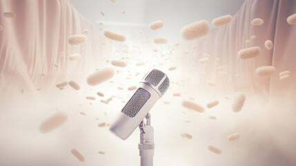 Fototapeta na wymiar a clean lightweight image of a white microphone for podcasting or ASMR sounds floating on beige colored divine tender background. Generative AI technology