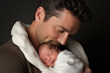 Young father cradles his newborn baby in his arms