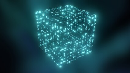 Digital Data Blockchain Cryptography Cube of Flashing Binary Numbers - Abstract Background Texture - obrazy, fototapety, plakaty
