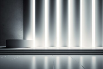 beautiful white minimalist background. Featuring a white podium, textured wall, and artful shadow lights, it exudes sophistication. Perfect for presenting products Generative AI