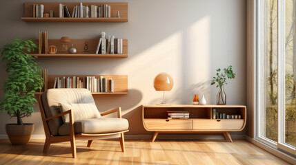 Wooden living room interior with armchair and couch with lamp, bookshelf rack and drawer with decoration, minimalist reading room on parquet floor, window with countryside.