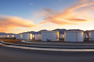 Tank farm with rows of oil storage tanks.