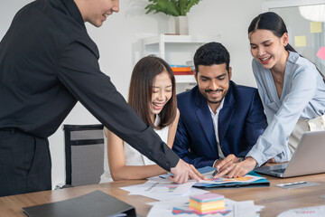 Business people discuss with new startup project Idea presentation, analyze planning and financial statistics and investment market at office.