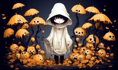 Girl surrounded by pumpkins, skulls, little monsters and ghosts. Halloween. Umbrella. Dream and fantasy scene - generative ai