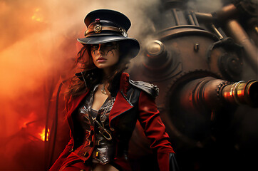 Obraz premium Portrait of beautiful steampunk woman. Post processed AI generated image