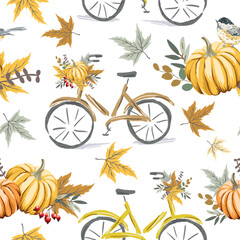 Autumn maple leaves, pumpkins, bicycles, titmouse birds, berries, white background. Vector seamless pattern. Fall season illustration. Forest nature design