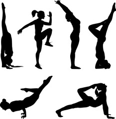 Silhouettes of female practicing yoga stretching exercises. Shapes of woman doing yoga fitness workout. Set of yoga positions.