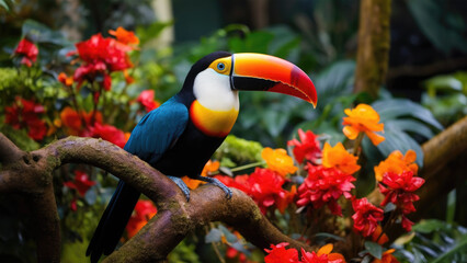 Toucan 4k wallpaper, tropical rainforest, colorful flowers, hd