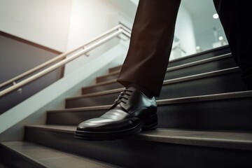 Man in patent leather shoes. Feet go down stairs. Successful person walking to business meeting. Businessman wearing comfortable suit black leather luxury shoes going downstairs legs stepping rush