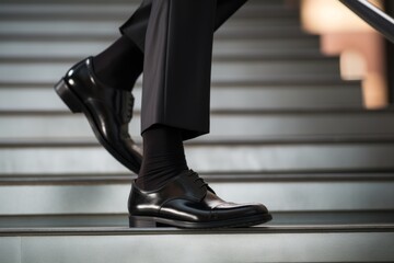 Man in patent leather shoes. Feet go down stairs. Successful person walking to business meeting. Businessman wearing comfortable suit black leather luxury shoes going downstairs legs stepping rush