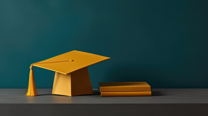 Bright Future: Yellow Graduation Cap and Notebooks on Wooden Table - Generative AI  - obrazy, fototapety, plakaty