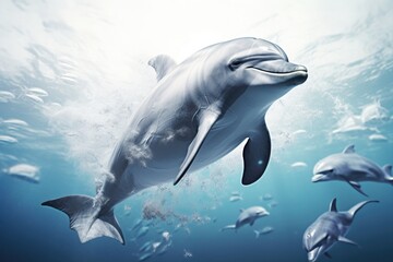 Dolphin swim in the blue sea in a picturesque place