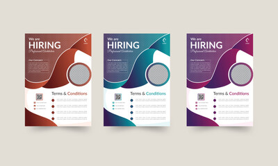 Creative corporate flyer layout. Curvy & circle abstract colorful concepts. Trendy multipurpose A4 size  Brochure template Design Set. 3 color set, editable. Space for background image, free qr code.