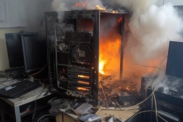 Fire scene unfolds as a personal computer, overwhelmed by intensive work