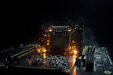 Dramatic scene of computer components undergoing intense overclocking and overheating - obrazy, fototapety, plakaty