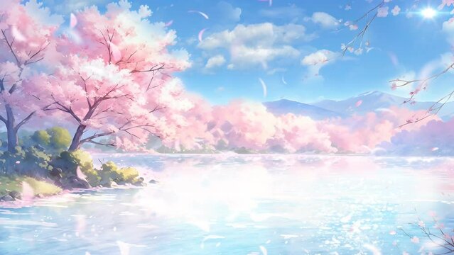 spring background with sakura. Wide angle. Sparkling water river. Cherry blossoms rain. 4k infinite loop animation footage. Japanese anime painting style	