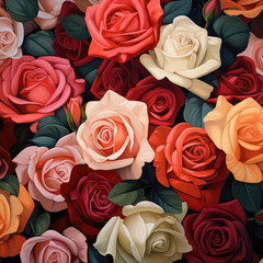 Pink roses background. Generative AI technology,