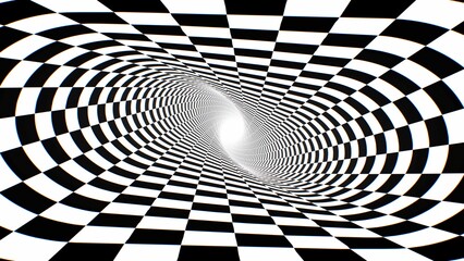 Inside Twisted Black And White Checkerboard Optical Illusion Tunnel - Abstract Background Texture