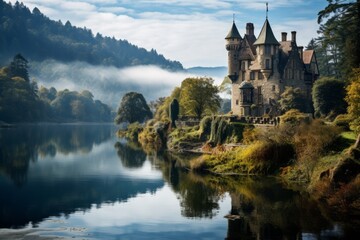 Fototapeta na wymiar Picturesque Castle Overlooking a Serene OLake, Generative AI