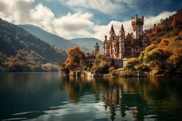 Fototapeta na wymiar Picturesque Castle Overlooking a Serene OLake, Generative AI