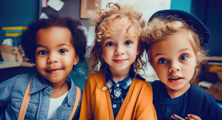 Portrait of three diverse kids five yers old from kindergarten 