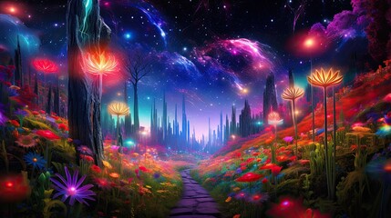 Obraz premium Abstract cosmic landscape of field with blossoming flowers, magical galaxy space or universe. Floral AI illustration. Digital art..