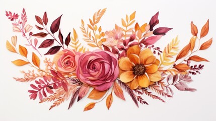 Trendy watercolor autumn flowers wedding bouquet. Beautiful fall floral background. Warm beige, orange, red, burgundy, gold, brown, rust. AI illustration.